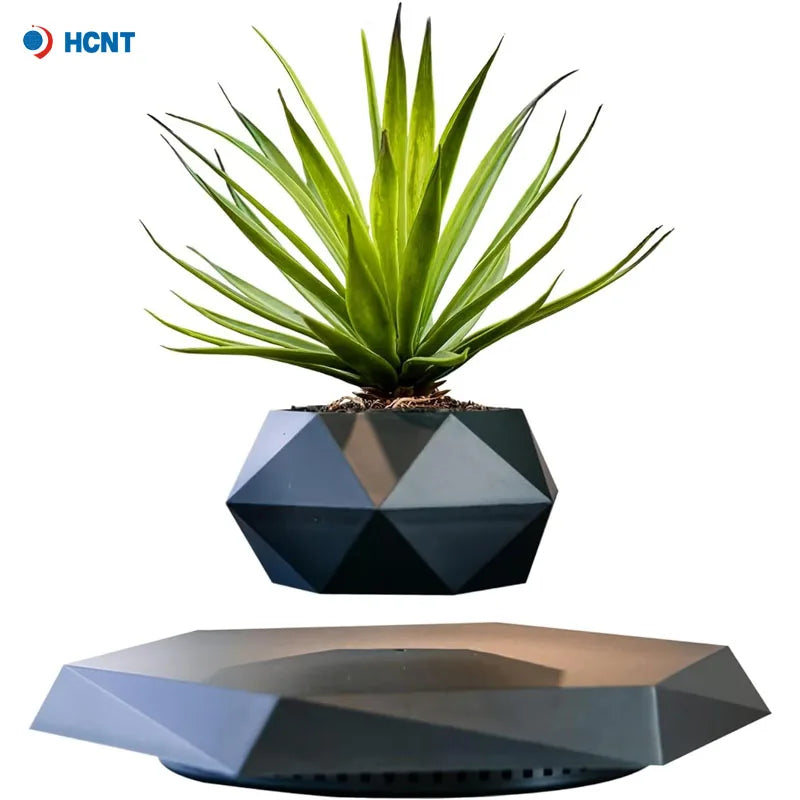 Magnetic Levitating Plant Pot floating above wooden base