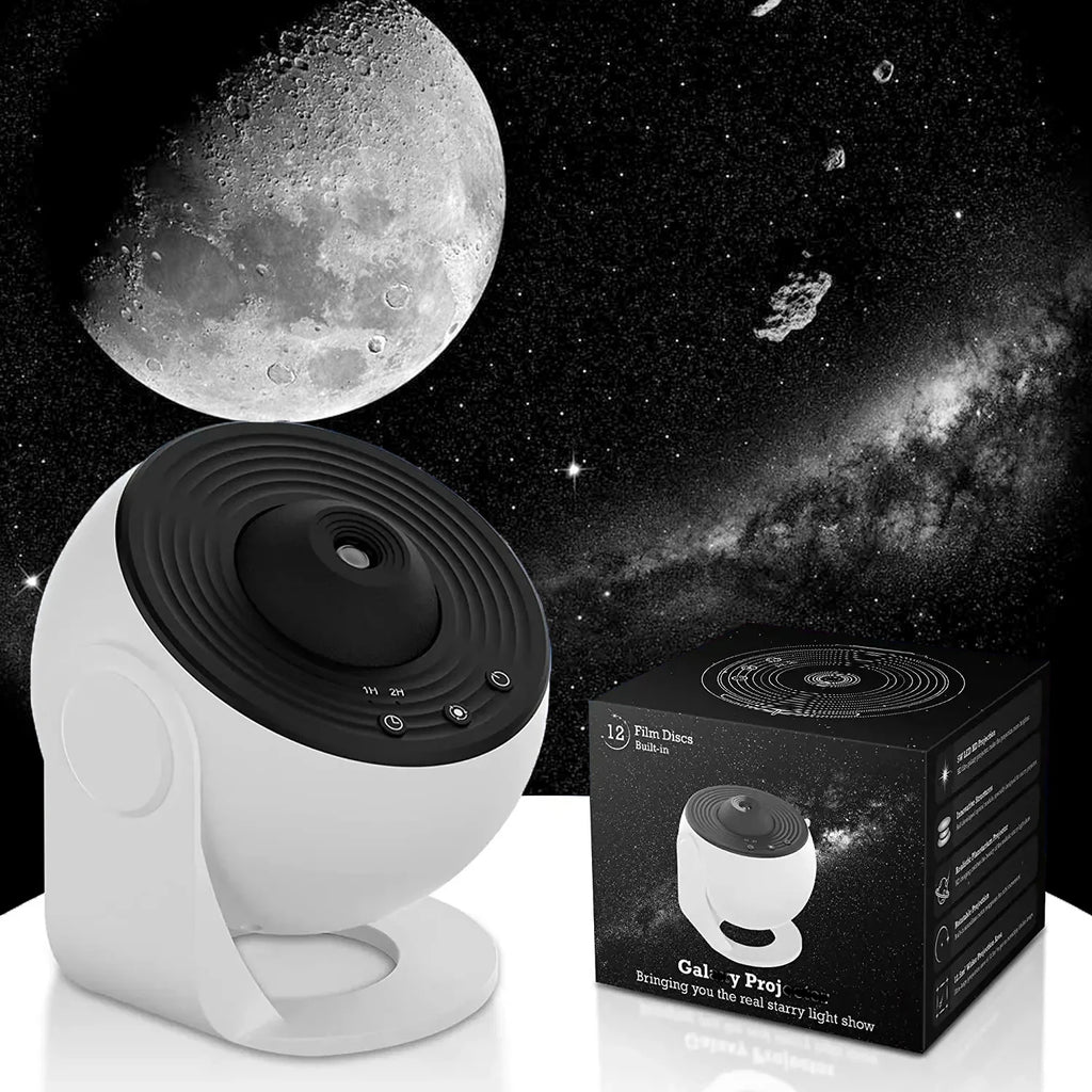 Planetarium Star Projector casting stars and moon on ceiling
