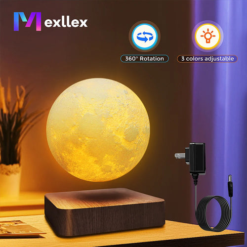 Magnetic Levitating Moon Lamp glowing warm on wooden base