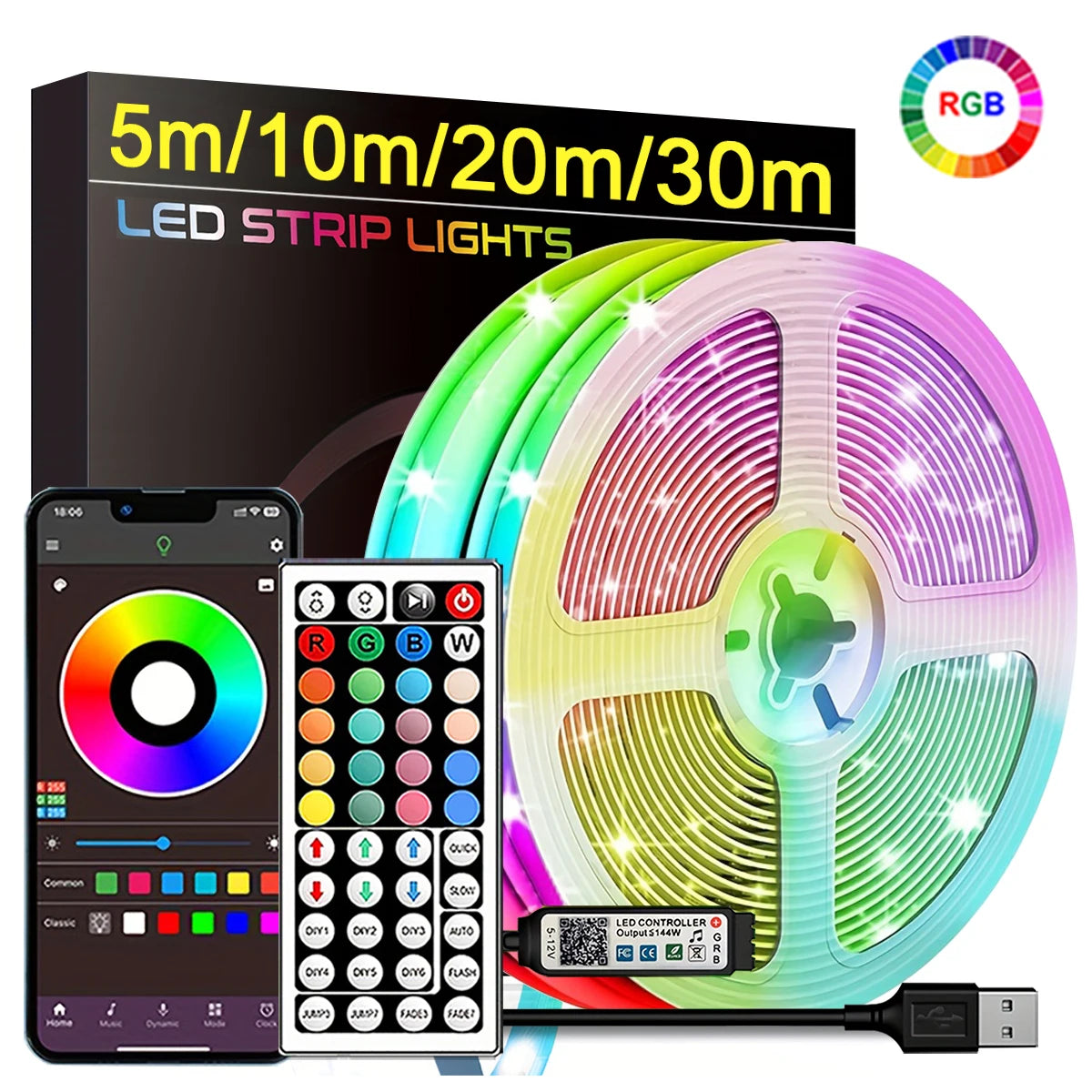 RGB LED strip lights with app control, remote, and USB power