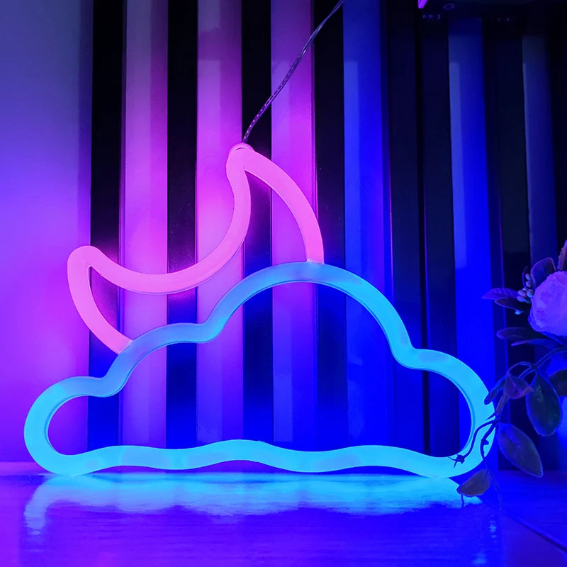 Moon Cloud Neon Sign glowing in aesthetic room setting