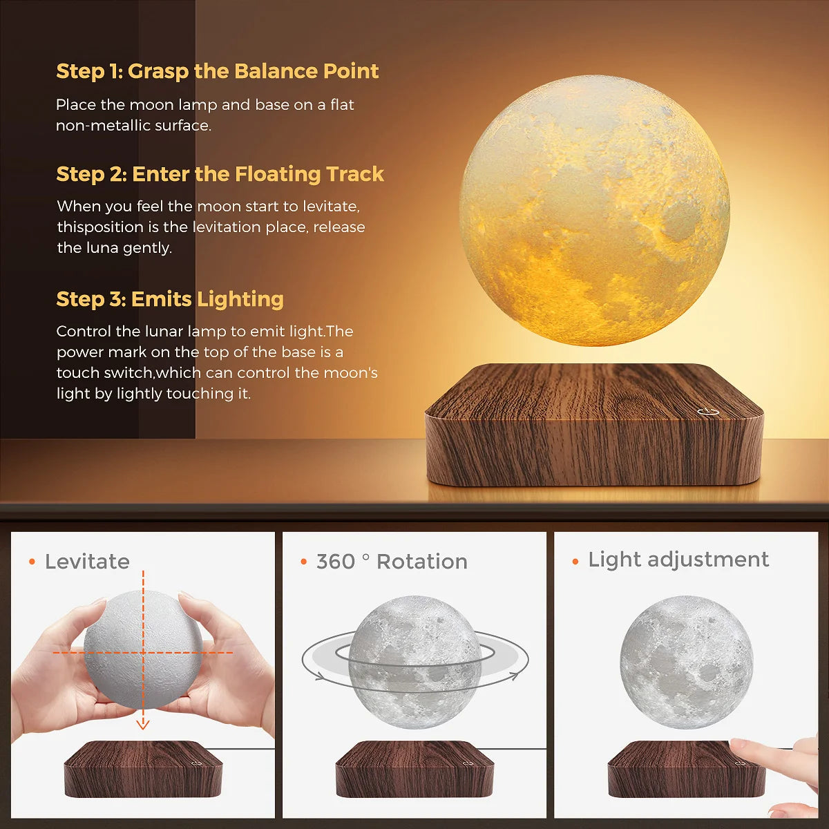 Magnetic Levitating Moon Lamp color temperature options