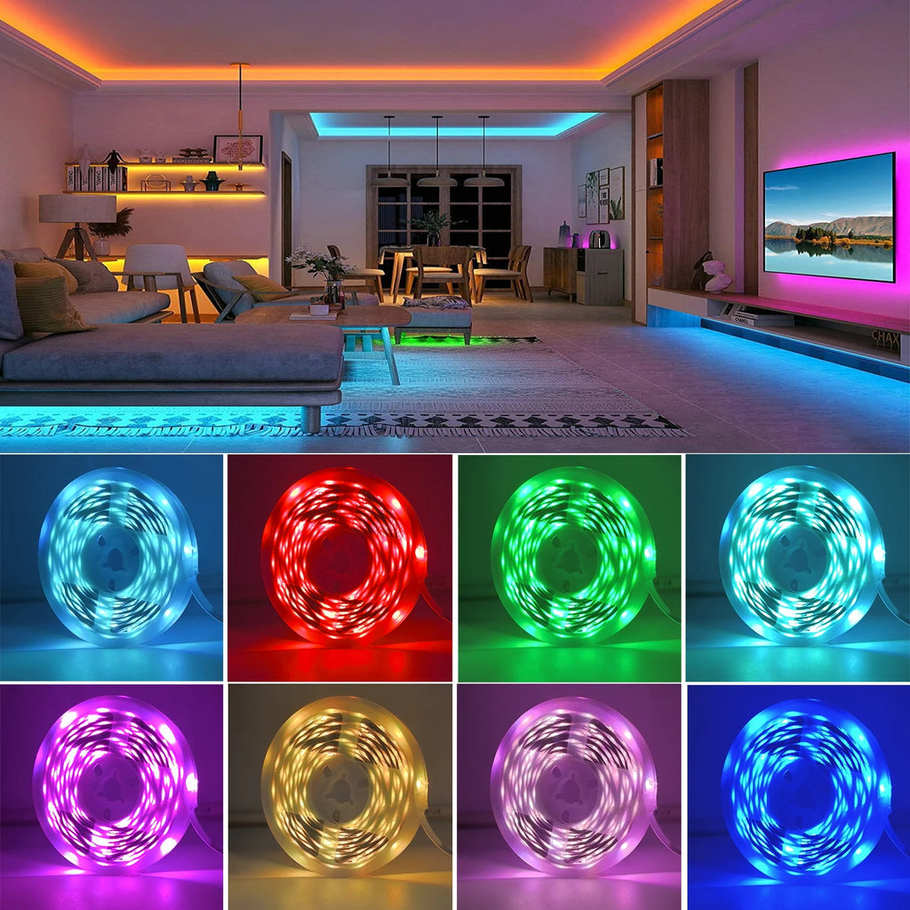 LED strip lights illuminating a bedroom wall in RGB colors
