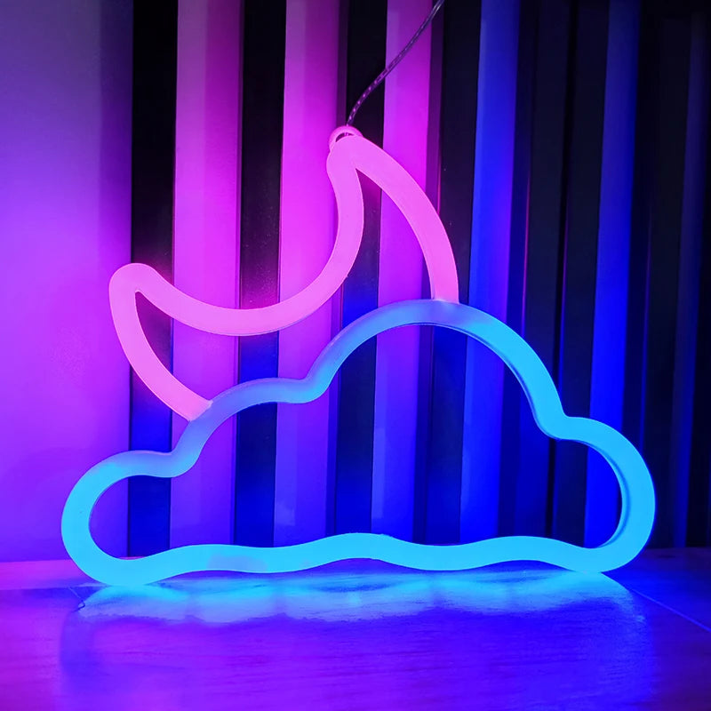 Moon Cloud Neon Sign LED light glowing pink purple in bedroom