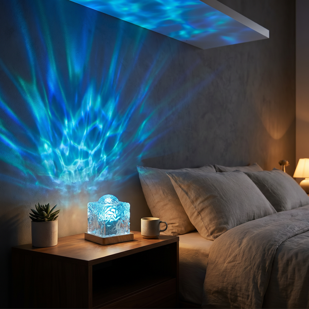Ocean Wave Projector casting blue wave ripples in a cozy dark bedroom