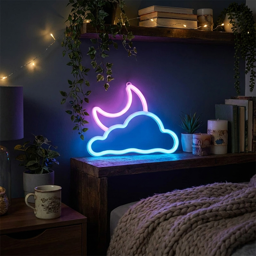 Moon Cloud Neon Sign – LED Aesthetic Bedroom Light with Stand, USB & Battery Powered