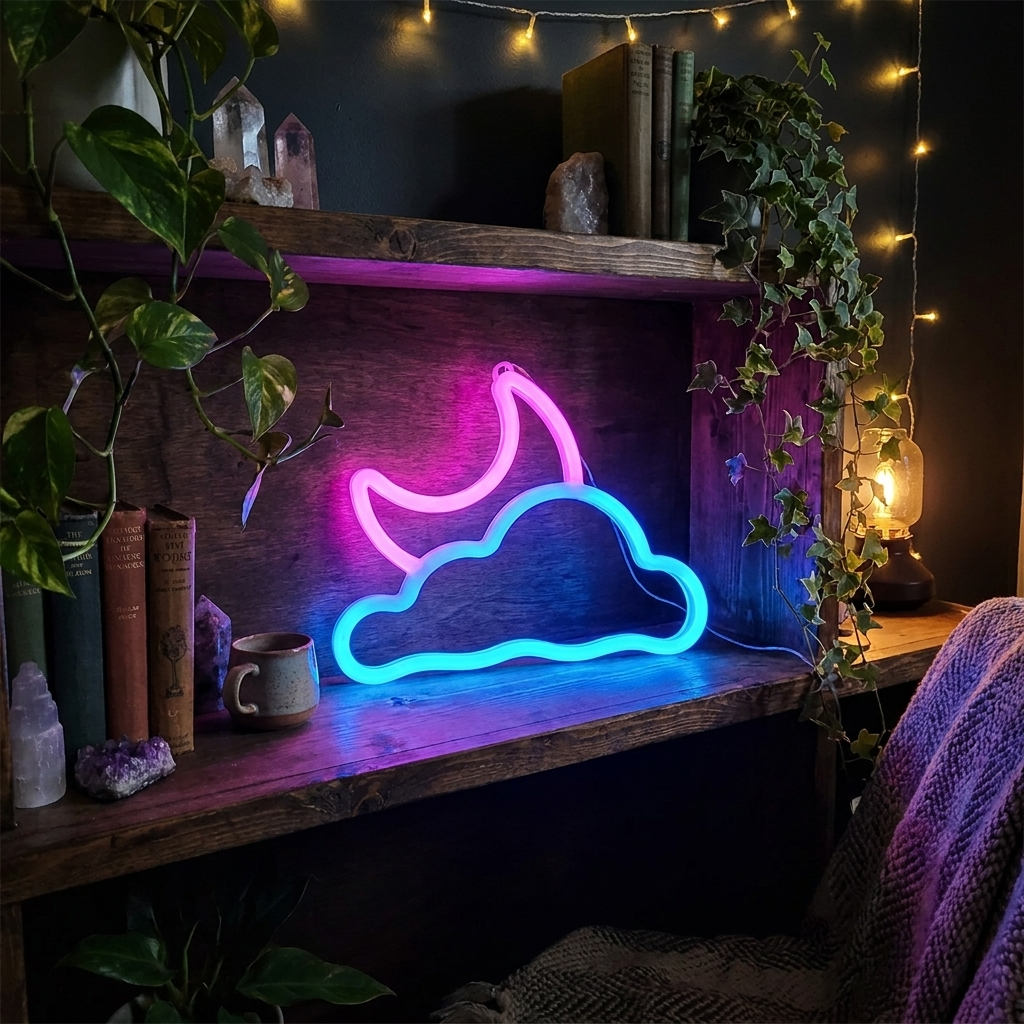 Moon Cloud Neon Sign – LED Aesthetic Bedroom Light with Stand, USB & Battery Powered