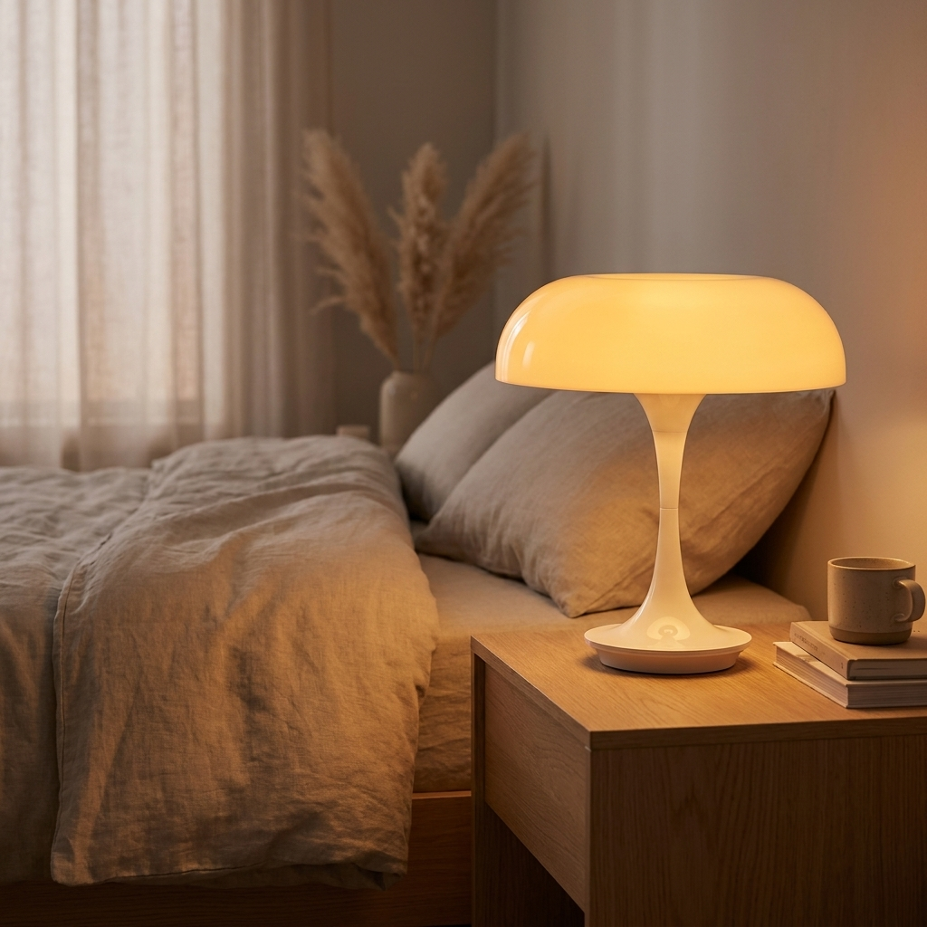 Mushroom Table Lamp glowing on a cozy bedroom nightstand