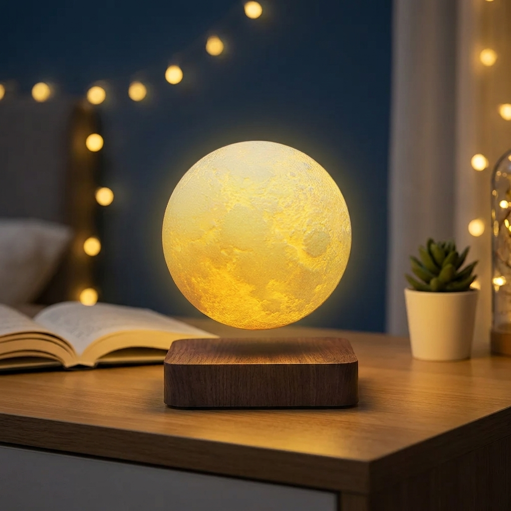 Magnetic Levitating Moon Lamp glowing on a modern desk at night