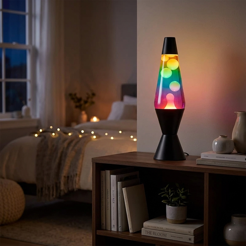 Lava Lamp glowing on a bookshelf at night