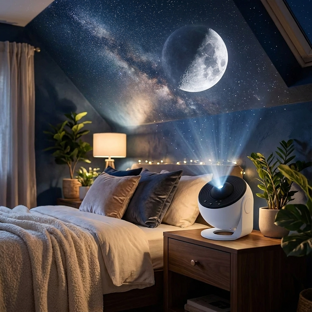 Planetarium Star Projector casting stars on a bedroom ceiling
