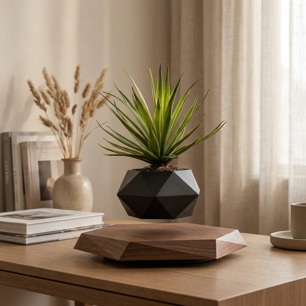 Magnetic Levitating Plant Pot floating on a desk