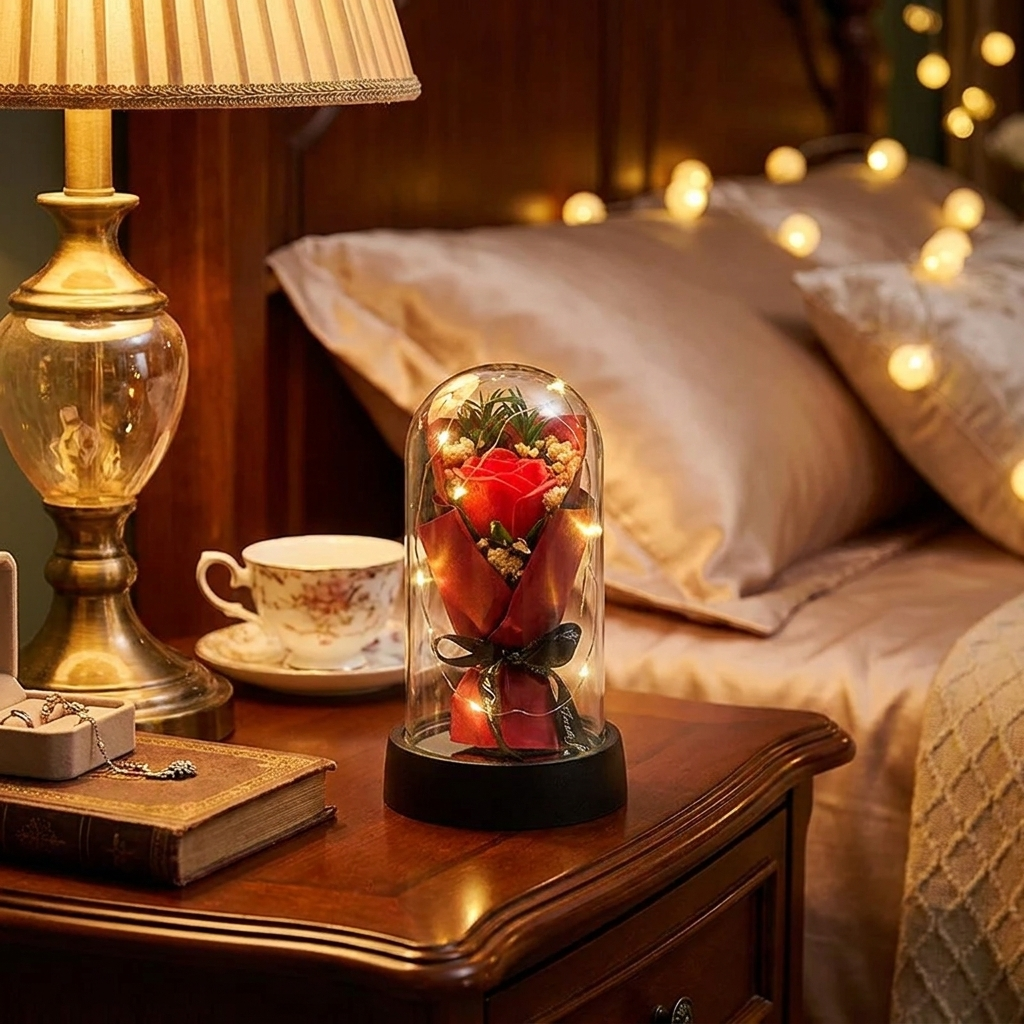 Enchanted Rose LED Glass Dome on bedside table