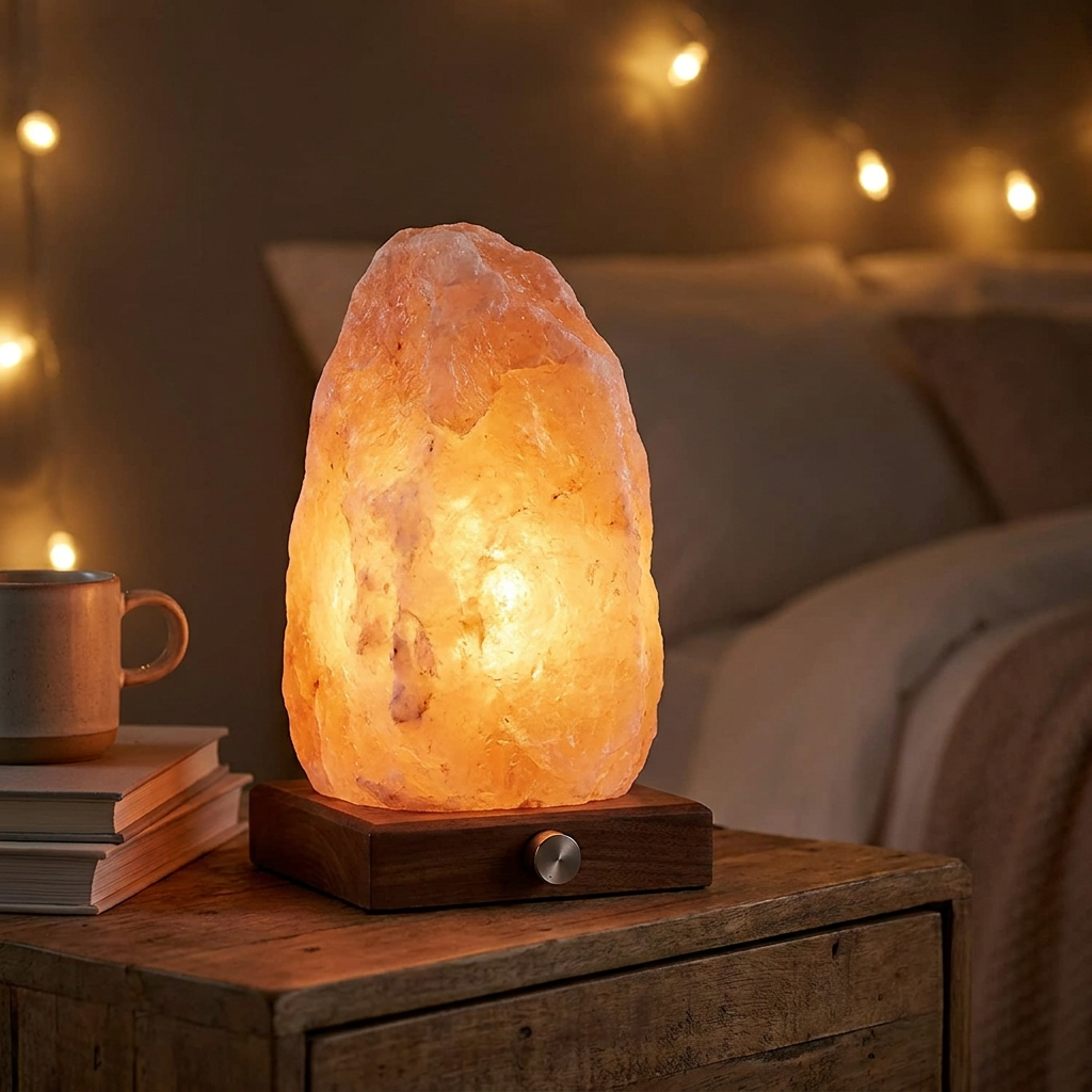 Himalayan Salt Lamp with Touch Dimmer glowing warm amber on a nightstand