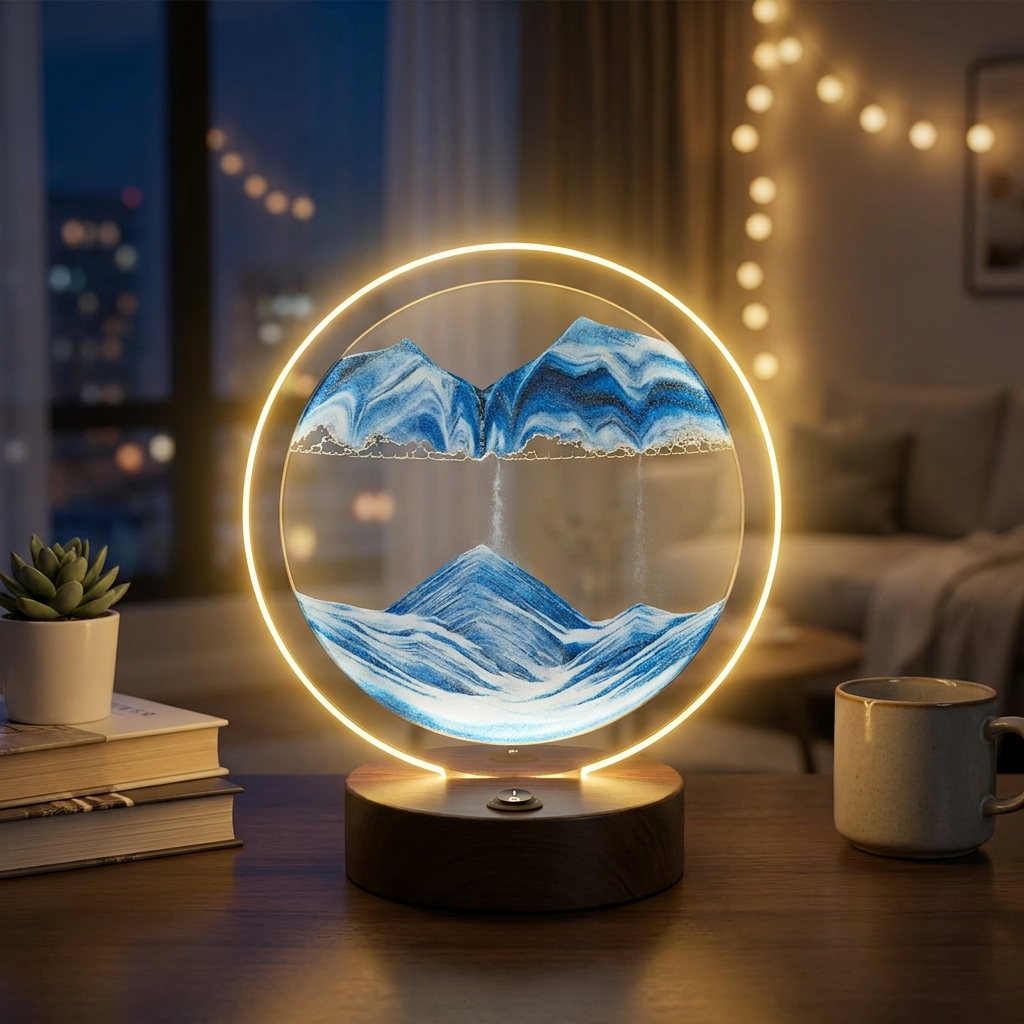 3D Flowing Sand Art Night Light glowing on a modern desk
