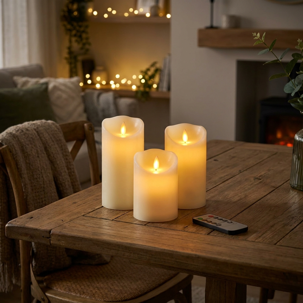 Rechargeable Flameless LED Candles flickering warm glow on a dining table