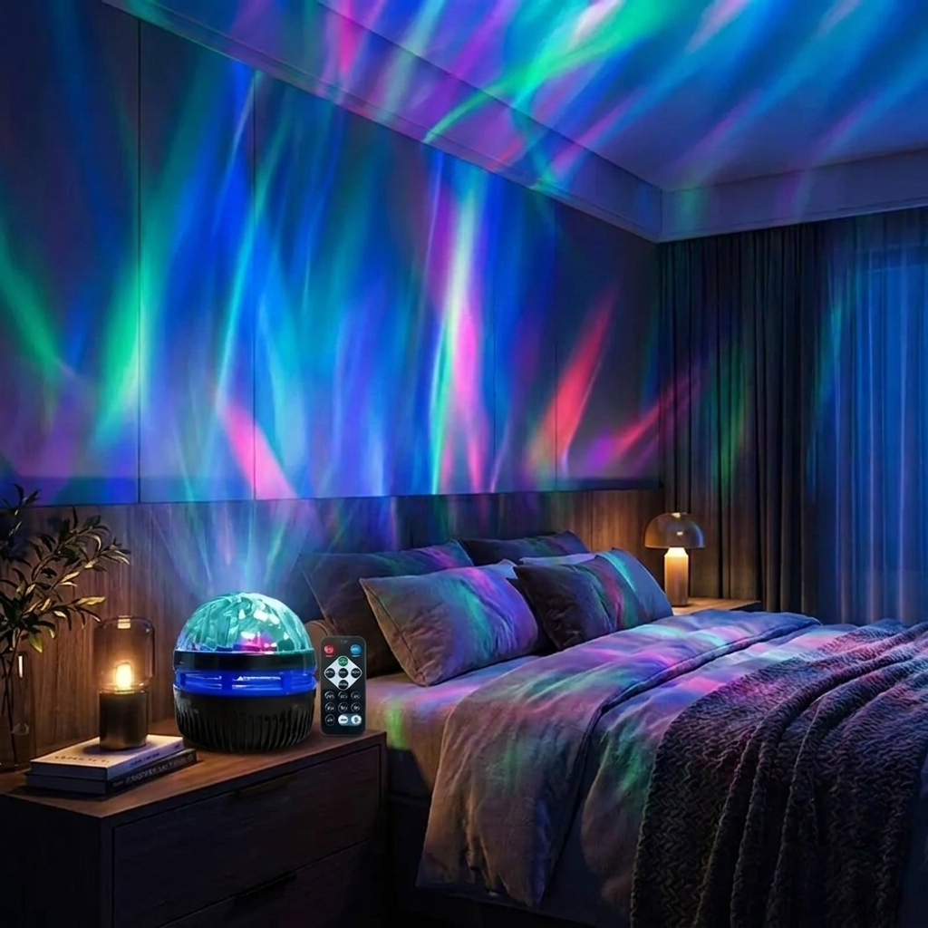 Northern Lights Aurora Projector casting colorful aurora across a bedroom