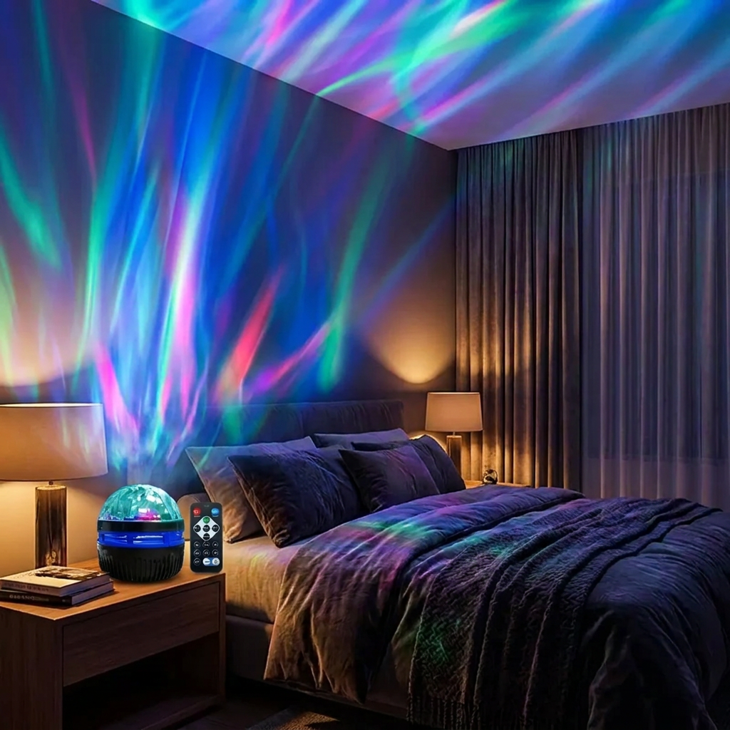 Northern Lights Aurora Projector on nightstand with remote