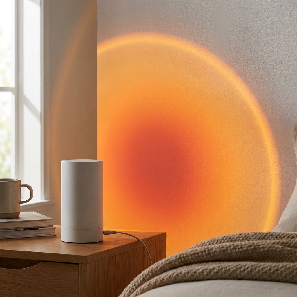 Sunset Projection Lamp glowing on a wooden nightstand next to a bed at sunset