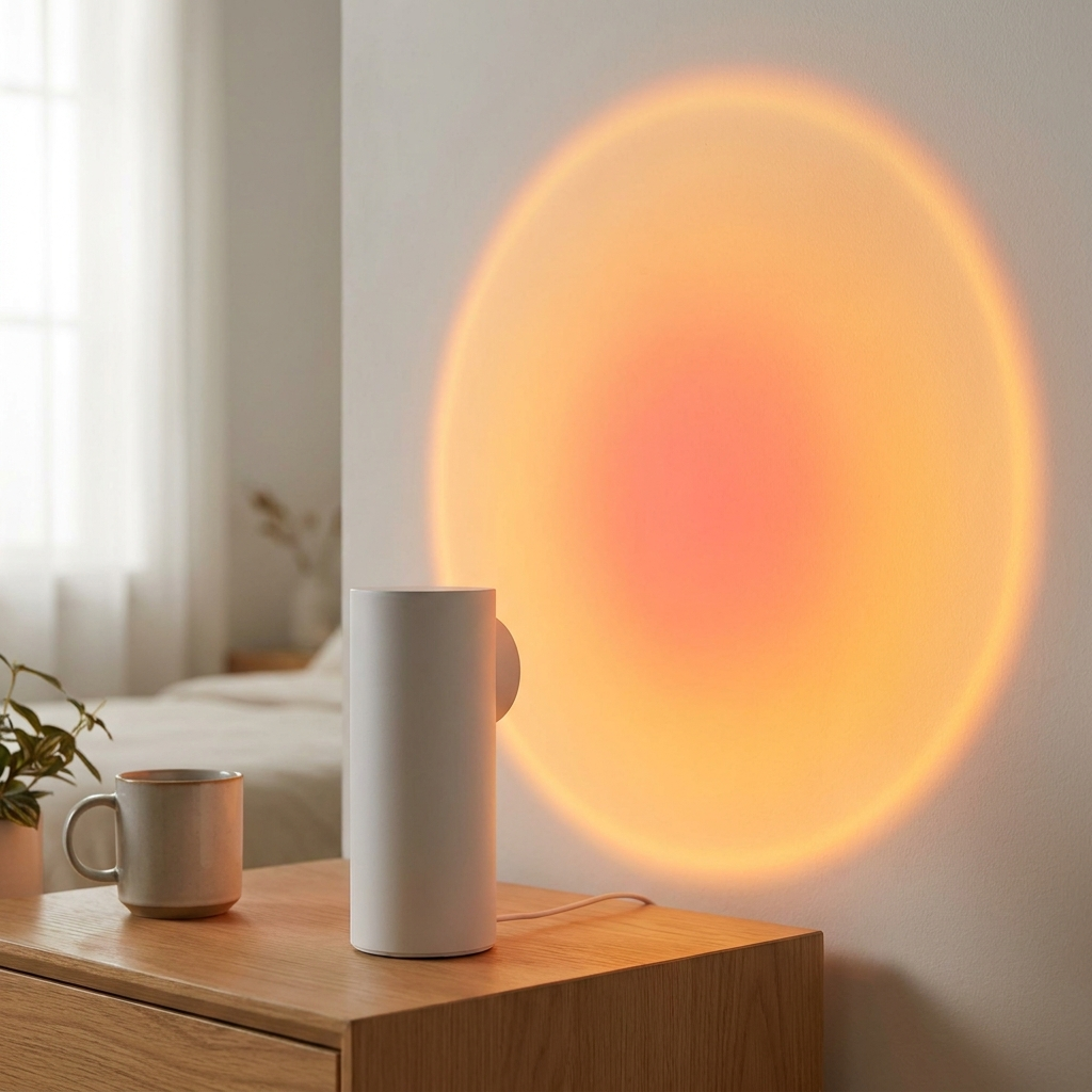 Sunset Projection Lamp on a nightstand casting warm light across a cozy bedroom