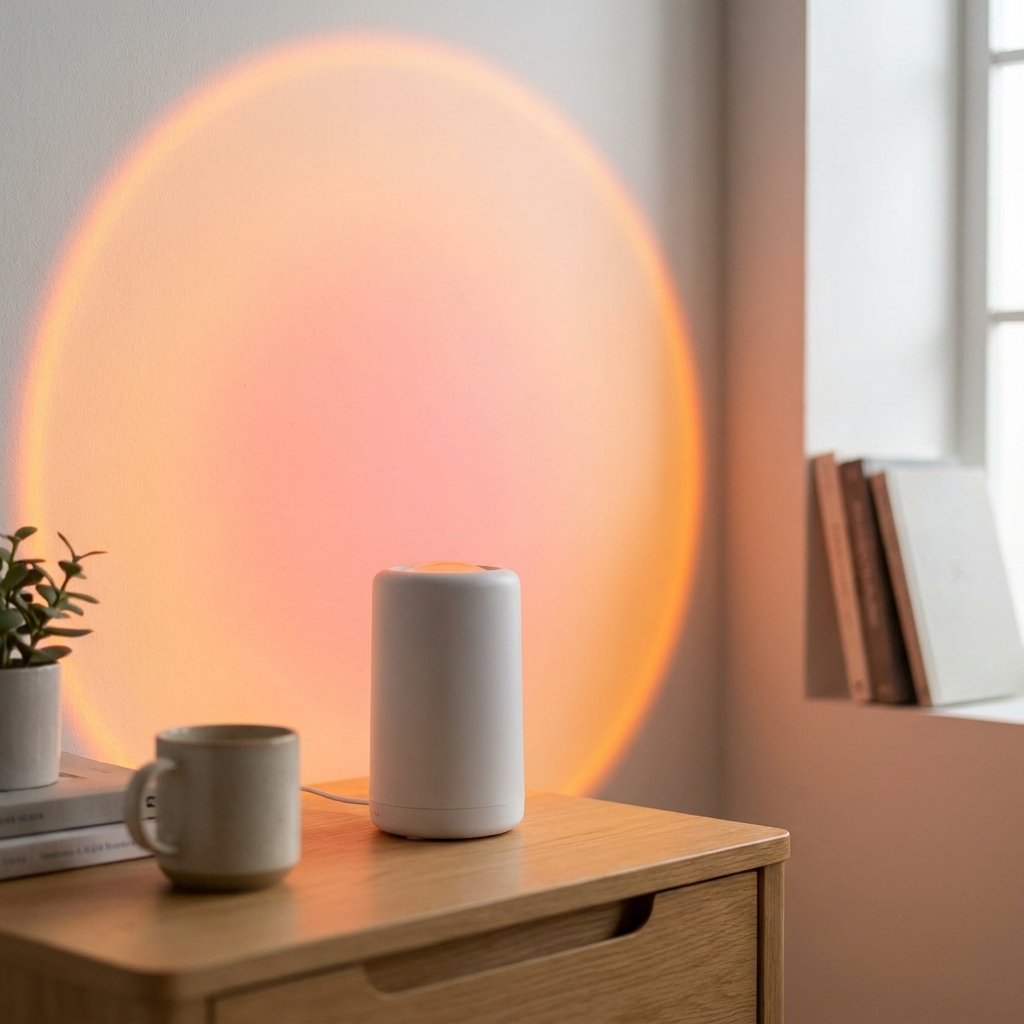 Sunset Projection Lamp casting a large warm orange glow on a bedroom wall beside a nightstand