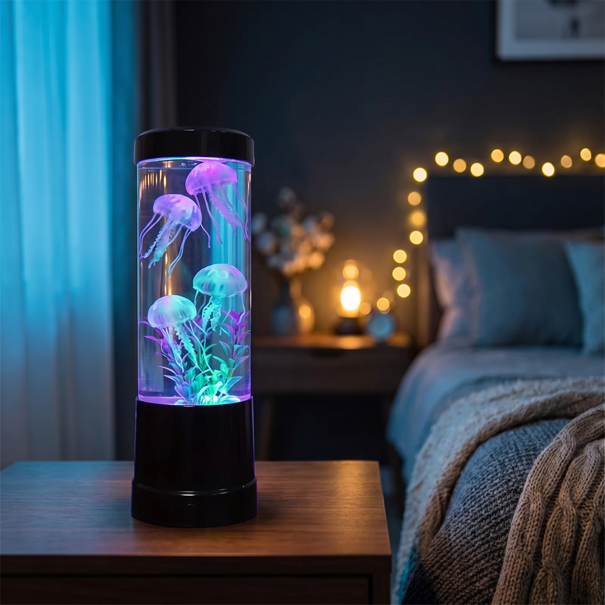 Jellyfish Lava Lamp glowing on a moody bedroom nightstand