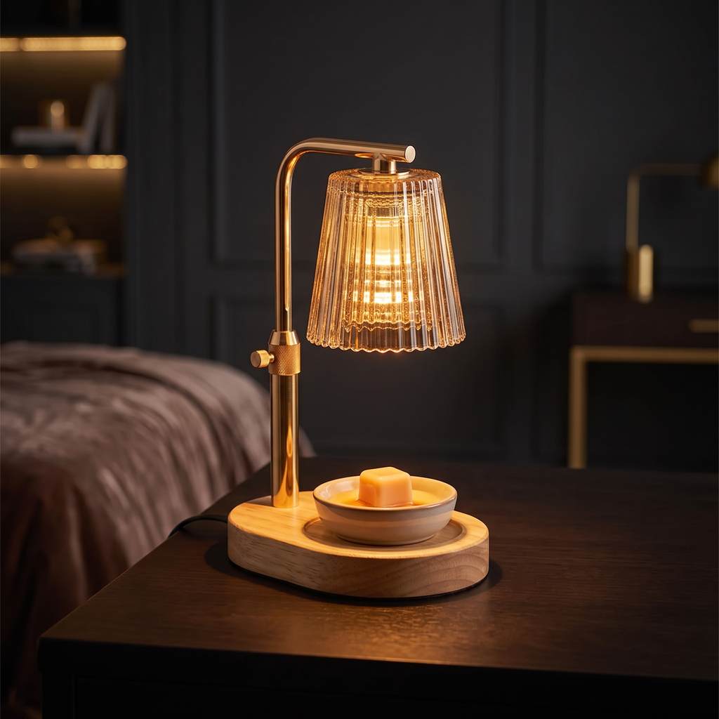 Candle Warmer Lamp glowing warm amber on a dark wood desk