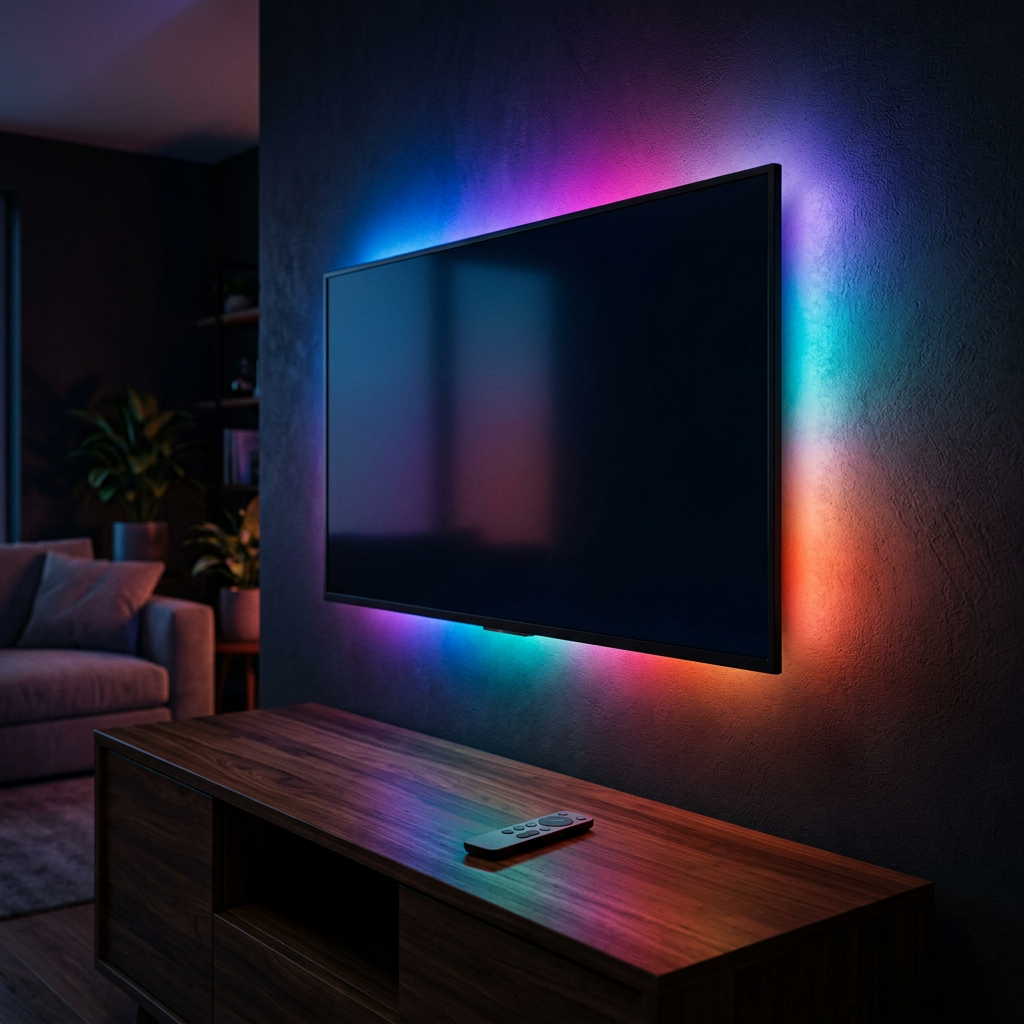 TV Ambient LED Backlight Kit glowing behind a flatscreen TV in a dark room
