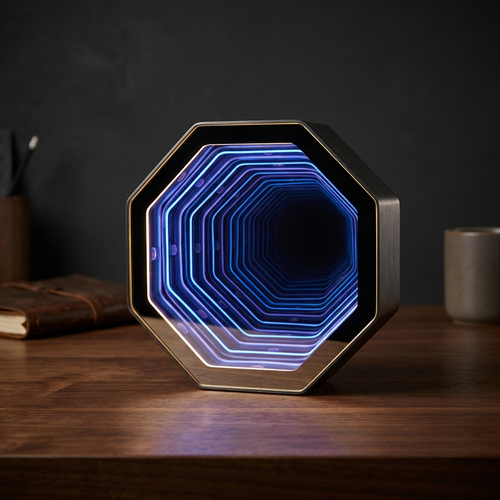 Infinity Mirror Light glowing on a dark wooden desk