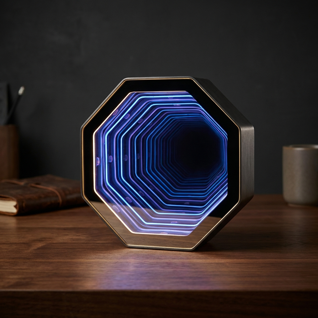 Infinity Mirror Light glowing on a dark wooden desk