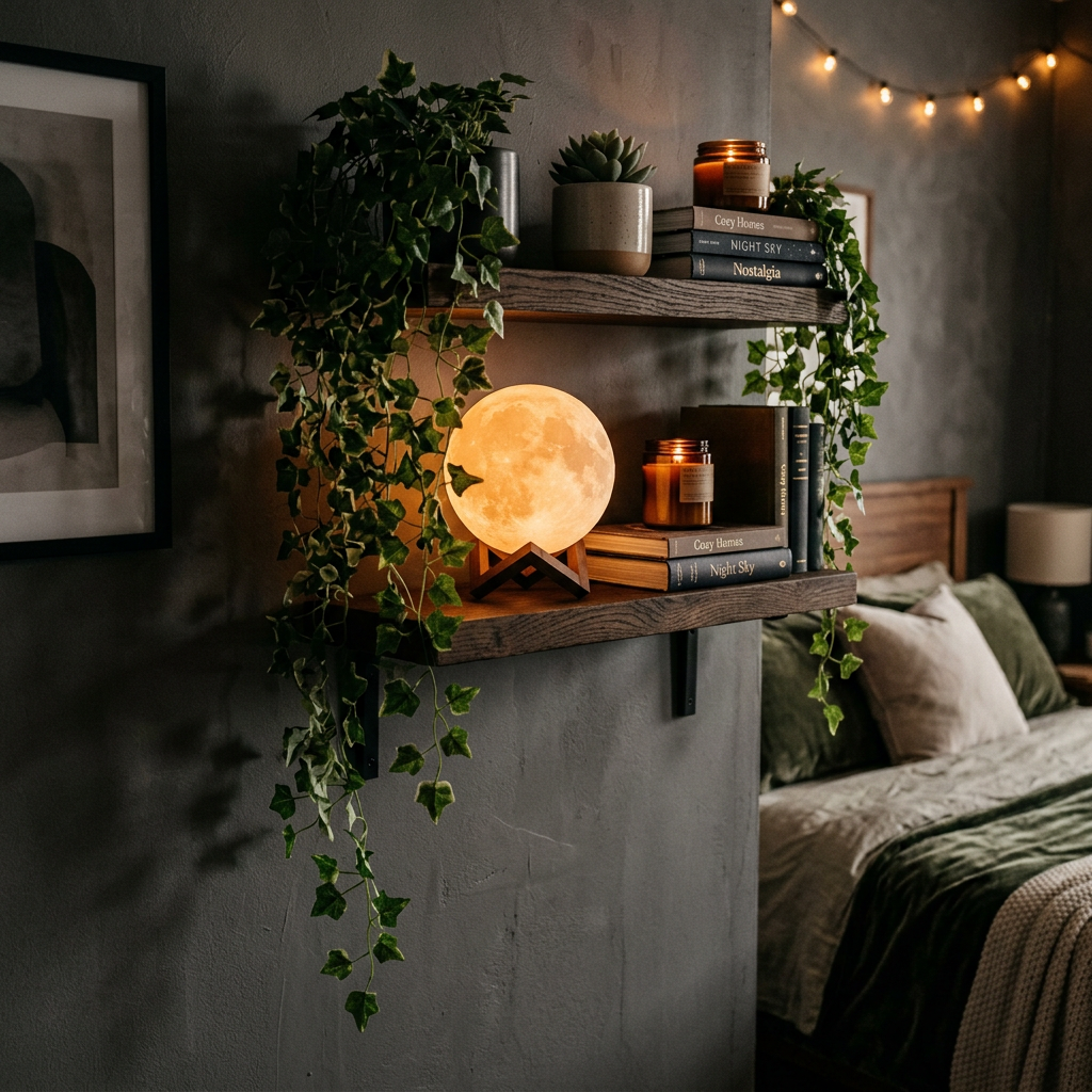 Artificial hanging ivy vine draped over a shelf next to a glowing moon lamp