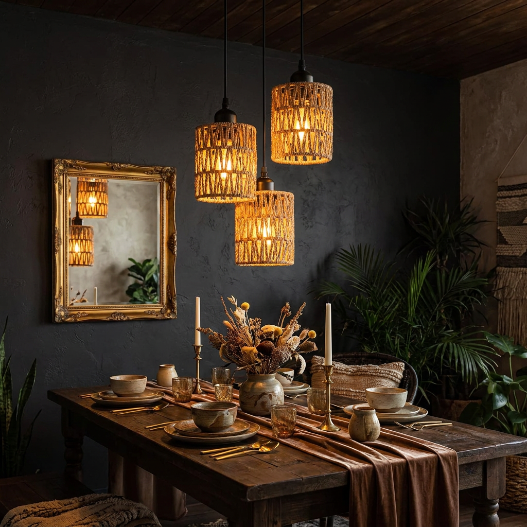 Boho Rattan Pendant Lamp Shade styled lifestyle shot